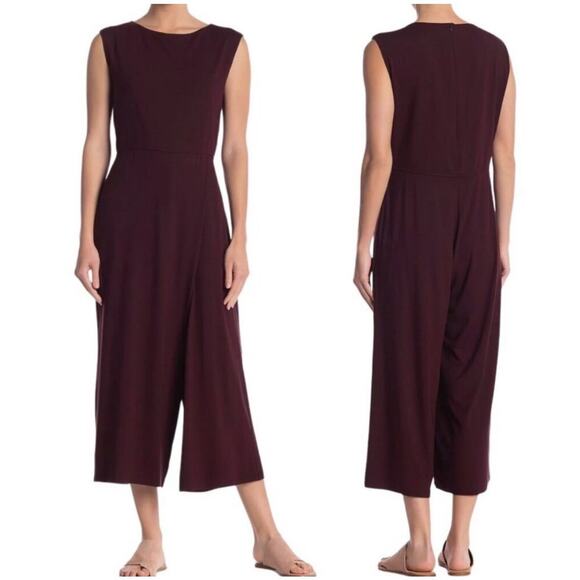 Eileen Fisher Jumpsuit Casis Moc Wrap Burgundy Stretch Jersey Wide Leg Faux L - Picture 2 of 14